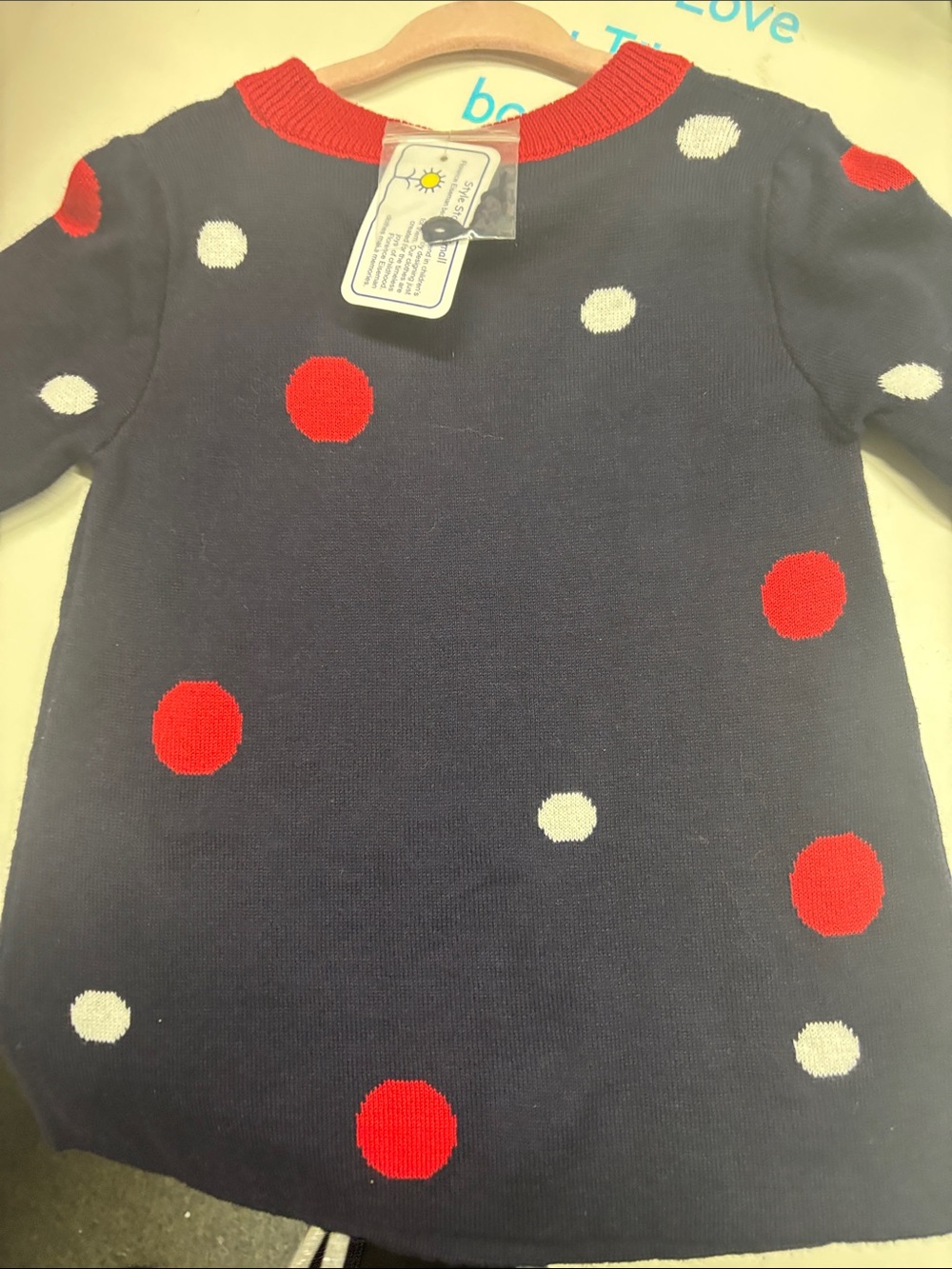 Florence Eiseman Navy Sweater with Red & White Polka Dots